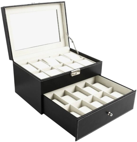 Todeco - Uhrbox, Uhr und Armband Aufbewahrung - Material der Box: MDF - Kissenmaterial: Samt - 20 Uhren mit Schublade und Display, Schwarz/Beige