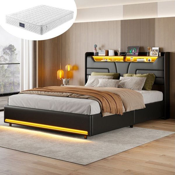 Furnishings Home Polsterbett Stauraumbett Doppelbett, Mit 7-Zonen Federkernmatratze (Zwei Steckdosen + USB, Hydraulisch hebbarer Stauraum), Mit LED-Beleuchtung, Bettkasten, Kunstleder, 140x200 cm