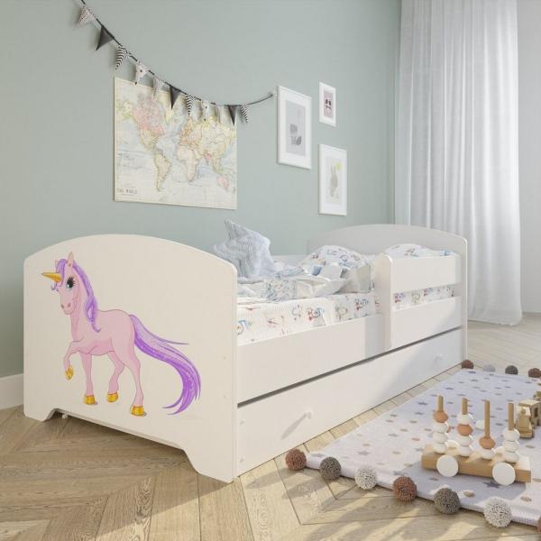 Kids Collective Kinderbett 160x80 cm mit Matratze und Schublade, Rausfallschutz & Lattenrost mit Einhorn Design, Bett für Jungen und Mädchen, Einhorn