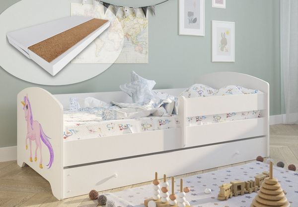Kids Collective Kinderbett 160x80 cm mit Matratze und Schublade, Rausfallschutz & Lattenrost mit Einhorn Design, Bett für Jungen und Mädchen, Einhorn