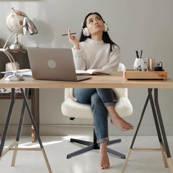 Schreibtischstuhl ohne Rollen, ergonomischer Bürostuhl Kunstleder, drehbar, Neigefunktion, Metallbasis, vielseitiger Sitz Bild 2