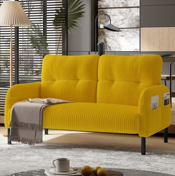 2-Sitzer Sofa 120 x 75 x 79 cm mit Seitentasche – Cordbezug, Metallfüße, gelb