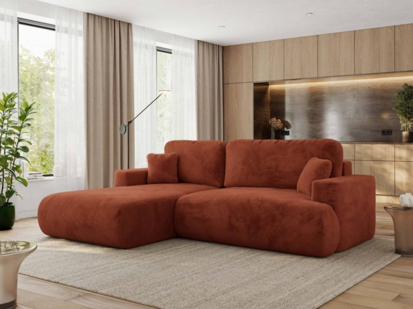 Ecksofa OVO mit schlaffunktion und bettkasten, Wellenfeder, lose Kissen, L-form 271x195 cm - Orange Plüsch - linke Seite