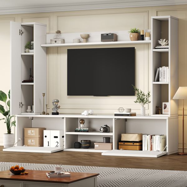 TV-Wandschrank-Set 4-teilig in Weiß,180 cm TV-Schrank mit 2 halboffenen Schubladen,2 Hängeschränke mit Regalböden,1 Wandregal 140 cm