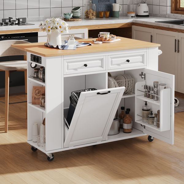Kücheninsel mit Rollen, Ausziehbarer Esstisch, Kücheninsel mit Abfallbehälterfach und Handtuchhalter, Mobile Servierwagen mit Steckdosenleisten, Ideal für Küche und Esszimmer (Weiß)