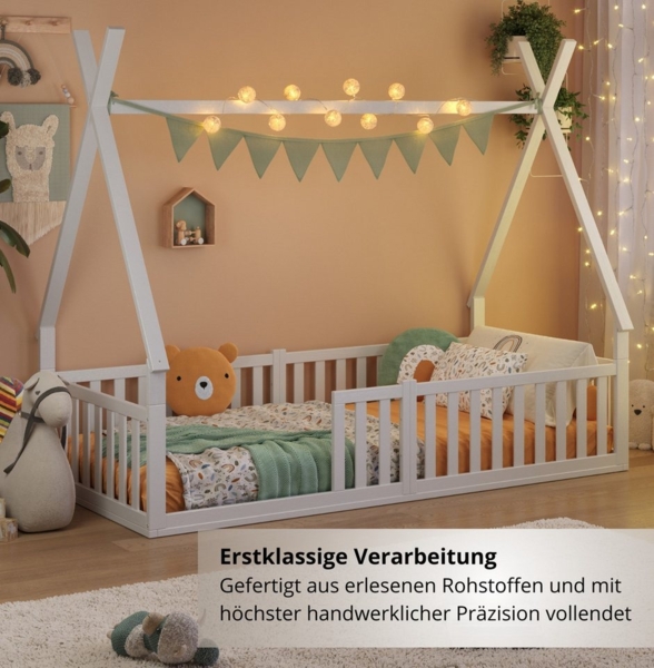 Alavya Home® Kinderbett Bodenbett SKY SET aus Buche – FSC® 100%, Deko & Matratze (Hausbett 90x200 cm SET mit Decoration Braun, Matratze, Rausfallschutz & Lattenrost Kinderbett 90x200), bodentiefes Jugendbett weiß massiv BUCHE für Junge Mädchen Bild 2
