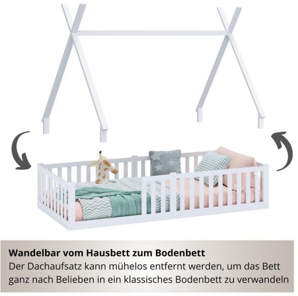 Alavya Home® Kinderbett Bodenbett SKY SET aus Buche – FSC® 100%, Deko & Matratze (Hausbett 90x200 cm SET mit Decoration Braun, Matratze, Rausfallschutz & Lattenrost Kinderbett 90x200), bodentiefes Jugendbett weiß massiv BUCHE für Junge Mädchen Bild 4