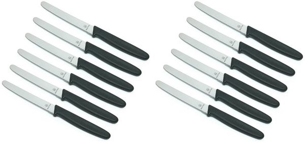 Neustanlo | Tafelmesser Set 12 Stück | rostfreie Edelstahlklinge mit Wellenschliff | schwarze Kunststoffgriffe | ideal für Brötchen und Butter