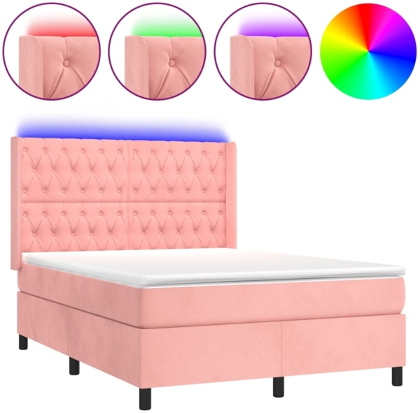 vidaXL Boxspringbett mit Matratze & LED Rosa 140x200 cm Samt 3139750