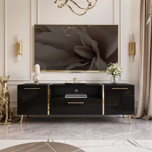 ALLHOUSE24 Wohnzimmer-Set DIAMANT Schwarz Hochglanz GOLD Metallfüßen Wohnzimmer Möbel SET, Das Set besteht aus: Kommode, TV Schrank, Couchtisch