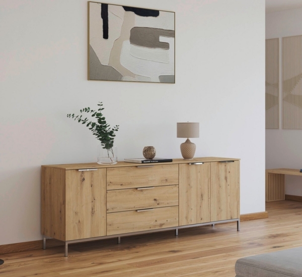 Rauch Möbel Flipp, Sideboard, TV-Schrank, Kommode mit Stauraum, mit Metallkufe chrom, Eiche Artisan, 3-türig, 3 Schubkästen, Griffe chrom, 199 x 72 x 42 cm