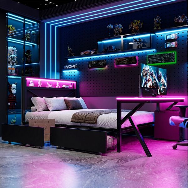 Flieks Metallbett, Gamingbett Plattformbett 140x200cm mit Schreibtisch und 2 Schubladen