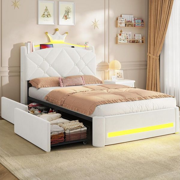 MSMASK Kinderbett im Kronen-Design mit LED-Beleuchtung, Ladestation und 2 Schubladen (Ohne Matratze), Polsterbett Jugendbett Prinzessinnenbett 90x200 cm