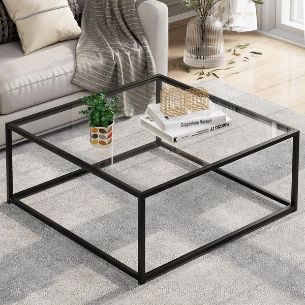 Couchtisch Quadrat Glas Schwarz Beistelltisch Glastisch 67x67x40 cm