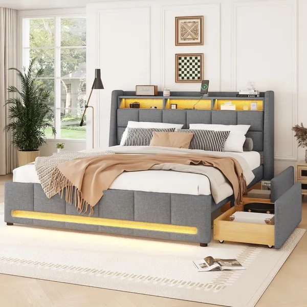 Stauraumbett mit LED-Beleuchtung, Stauraum, Lattenrost, 2 Schubladen und USB-Anschlüssen, 140x200 cm, Doppelbett, Leinen