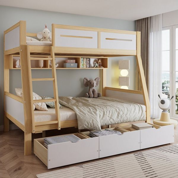 MODFU Etagenbett mit 3 Rollschubladen & 2m Bücherregal (Kinderbett mit sichere Umzäunung und Trittleiter, Holzbett 90x200 & 120x200 cm), ohne Matratze
