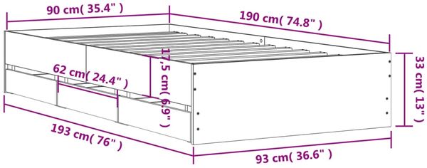 vidaXL Bettgestell mit Schubladen Betongrau 90x190 cm Holzwerkstoff 3207325 Bild 11