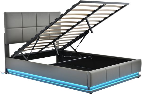 Merax LED Hydraulisches Polsterbett 140x200 aus Kunstleder Doppelbett mit Höhenverstellbares Kopfteil & Lattenrost Grau
