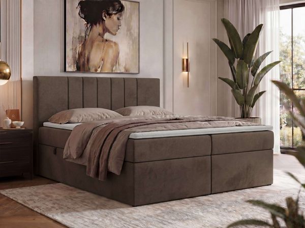 Boxspringbett INERO 140x200 mit Matratze H4 und Topper T25, 7-Zonen-Multipocket-Kern, zwei Bettkästen, Doppelbett, gepolstert Kopfteil - Braun Velvet