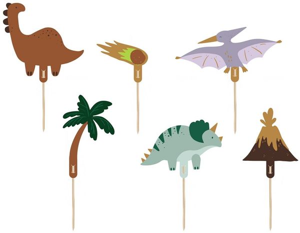 partydeco Tortenstecker, Cake Topper Dinosaurier 8-12cm 6er Set Grün / Braun / Flieder