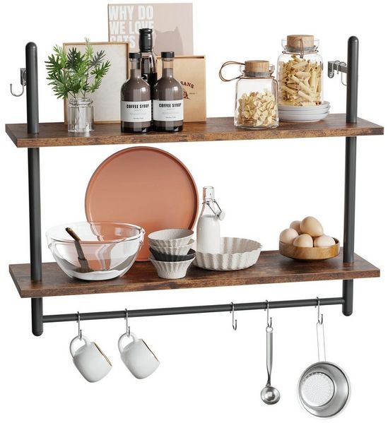 Bestier Wandregal Wandboard Holz, Küchenregal, Wandregal Badezimmer Metall, Schwebendes Regal Wandmontage, Bücherregal mit Handtuchhalter und Haken, Kaffeebar Regal, Weinhalter, Wohnzimmer Deko