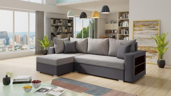 Ecksofa Lord mit Regal und Schlaffunktion - Sofa mit Bettkasten, Schlafsofa, Polsterecke, Couch L-Form, Couchgarnitur, Sofagarnitur (Grau + Grau (Dolaro 04 + Berlin 01), Ecksofa Links)