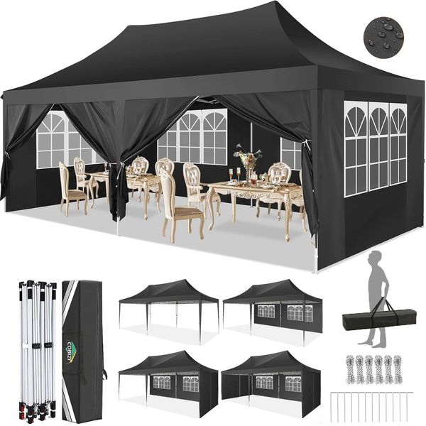 COBIZI Pavillon partyzelt 3x6 wasserdicht stabil Winterfest,Pop-Up faltpavillion mit 6 Seitenteilen Kommerzielle sofort aufklappbare Vordächer Outdoor Gartenzelt Partyzelt für Party Festival,Schwarz
