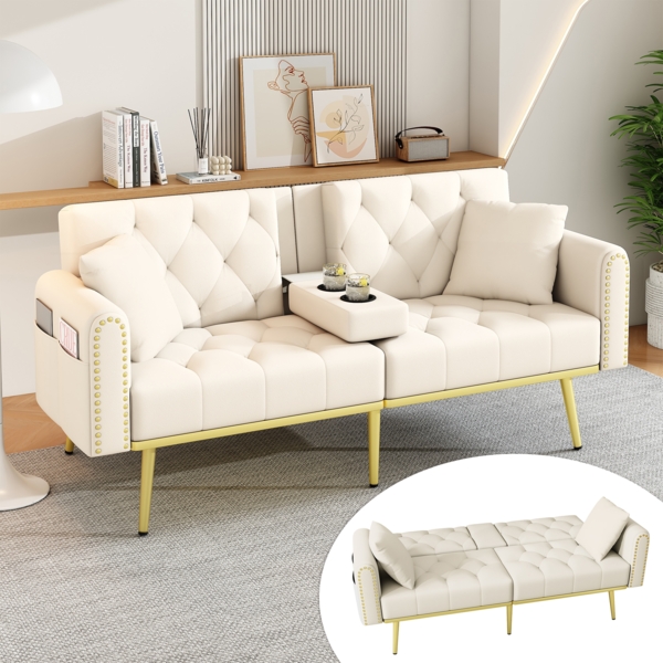 Merax Schlafsofa 2-Sitzer-Sofa mit Liegefunktion, drei verstellbaren Neigungswinkeln und Getränkehalter, Beige