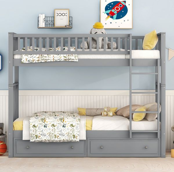 Bett 90x200 cm Etagenbett mit 2 Schubladen, wandelbar zu 2 Einzelbetten – Grau, Kiefer/MDF