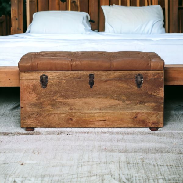 Flieks Sitzbank aus Massivholz in Eichenoptik mit Stauraum, Büffelleder, 90 x 45 x 45cm als Schuhbank & Fußbank, Braun