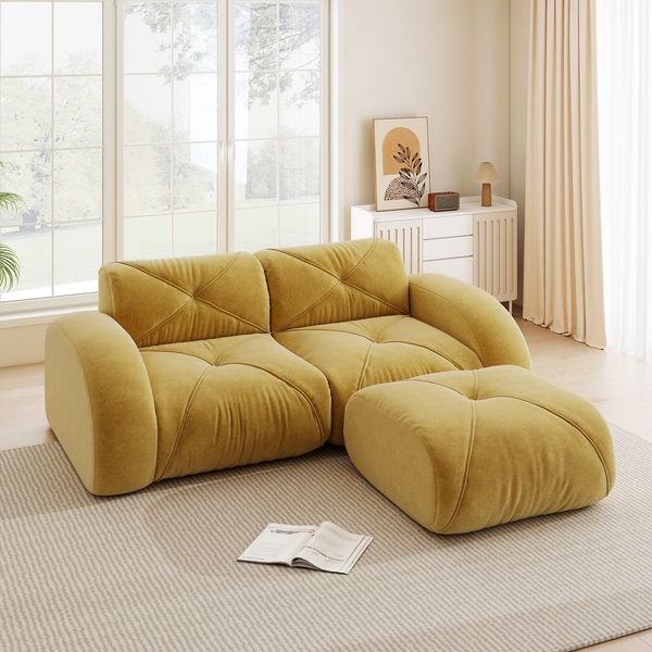 2-Sitzer Modulsofa H 76 x T 204 x B 171 cm mit Hocker aus Chenille in Gelb, flexibel kombinierbar