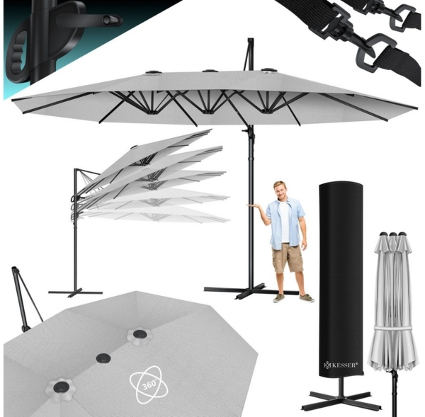 KESSER® Sonnenschirm Doppelsonnenschirm 4,6m x 2,7m | Ampelschirm Abdeckung & Windsicherung mit Kurbel & Ständer | Kurbelschirm Aluminium wasserabweisend | Neigbar Kippbar 360° Drehbar Hellgrau, Ohne LED