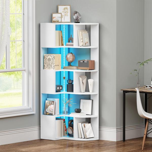 YITAHOME bücherregal weiß mit Beleuchtung, 6 Etagen eckregal, L-förmiges eckregal stehend, Corner Shelf, led Regal für Büro, Arbeitszimmer, Wohnzimmer, Schlafzimmer, L64 × W41.5 × H160 cm