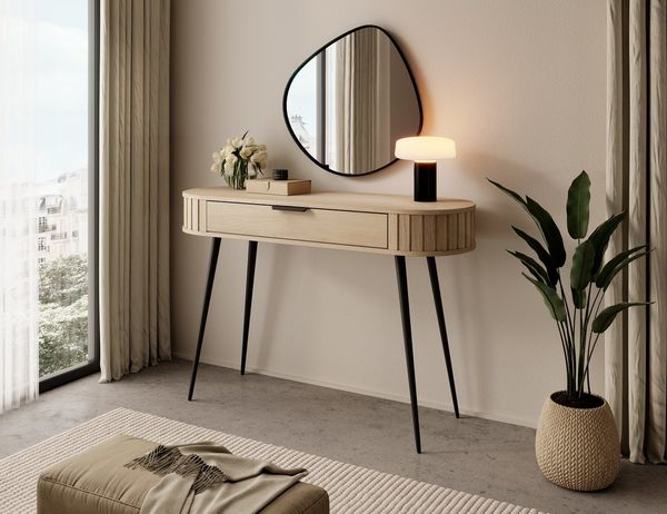 MOEBLO Schminktisch NOLI (aus Eiche Cremona – Design-Fronten mit strukturierter Oberfläche, abgerundete MDF-Seitenteile, Push-to-Open-Schubladen, natürliche Holzstruktur und skandinavischer Stil für modernes Schlafzimmer Frisiertisch, Schminktisch, Kos...