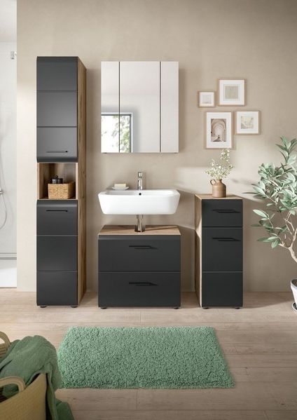 welltime Badezimmer-Set, (Set, 4-St), Florenz, Badkombination 4-tlg, Nox Oak/Schwarz matt, Hochschrank