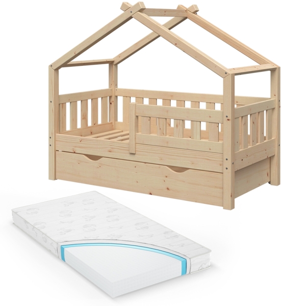 Hausbett Design Naturholz 70x140 cm mit Schublade und Matratze Vitalispa