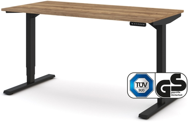 ASSMANN Elektrisch höhenverstellbarer Schreibtisch Y-Line 140x70cm Eiche Tabak Schwarz Metall Holz Melaminoberfläche Bild 1