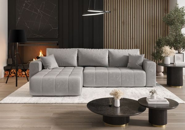 Ecksofa Schlafsofa CAMILA Stoff Monolith Hellgrau Ottomane Links
