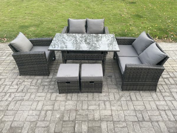 Fimous Gartenlounge Set Polyrattan Gartenmöbel Set mit Esstisch Doppelsitzsofa 2 kleine Fußhockern Dunkelgrau gemischt