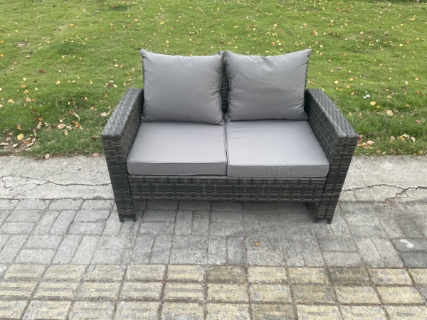 Fimous 8 Sitzer Polyrattan Gartenmöbel-Sets mit Länglicher Esstisch Doppelsitzsofa 2 kleine Fußhockern 2 Beistelltischen Dunkelgrau gemischt Bild 4