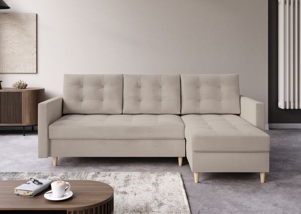 AX LIVING Kleine Couch L Form Nesbit 224cm Beige mit Schlaffunktion&Bettkasten