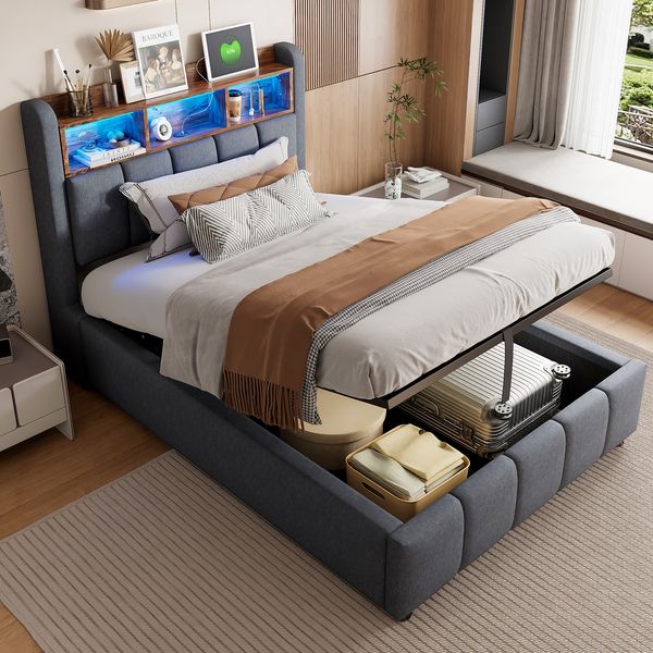 Merax Einzelbett, Polsterbett 90*200cm mit LED-Beleuchtung und USB-Anschluss, Kopfteil mit Ablageflächen und Stauraum, mit hydraulischem Stauraum, Kindereinzelbett, Leinen, grau