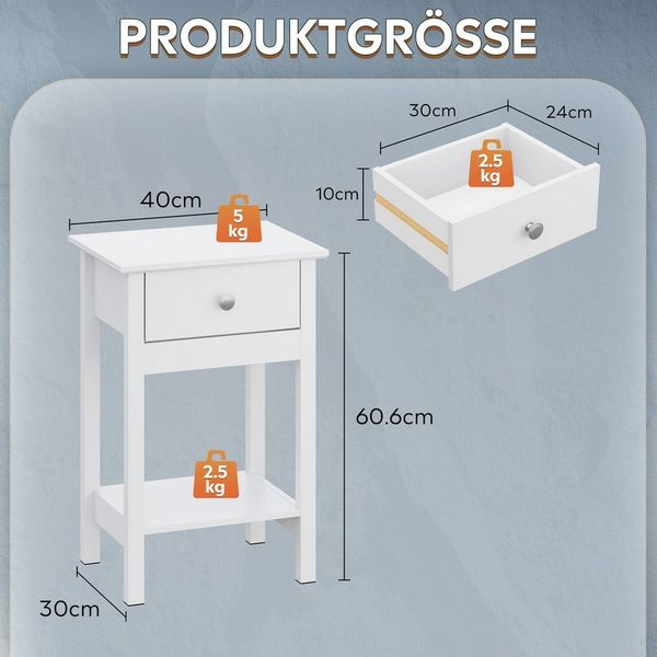 WLIVE Nachttisch Nachttisch mit Schublade und Ablage, Beistelltisch Holz 40×30×60,6cm (2er-Set), offene Ablage