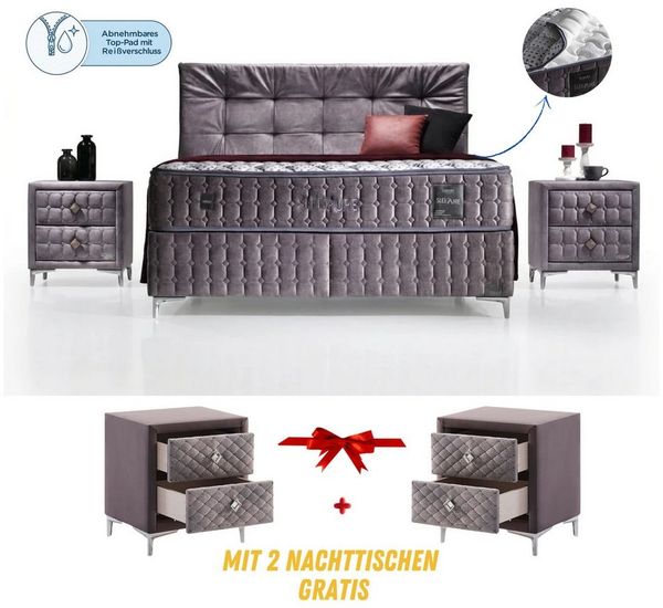 Bambi Boxspringbett Boxspringbett mit Matratze Komplett Bett Set mit Matratze (Boxspringbett 180x200 Stauraumbett 180x200, 2 Bettkästen + Matratze + Kopfteil), Außenfläche mit Reißverschluss