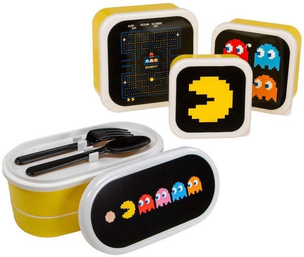 Out of the Blue Lunchbox Brotdose Pac-Man Lunchbox Snackdosen Set 4 in 1 mit Besteck, Kunststoff, (4-tlg), 4 Größen, mit Deckel, Besteck