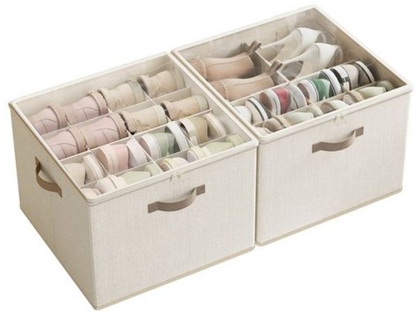 SONGMICS Schuh-Organizer, 2er Set, jeder für bis zu 16 Paar Schuhe, platzsparend, stapelbar, Kleiderschrank, beige