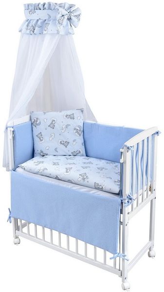 Baby-Delux Beistellbett Babybett Waffelpique Bärchen Blau, Stillbett 90x40 weiß höhenverstellbar, Matratze inkl. komplett Set