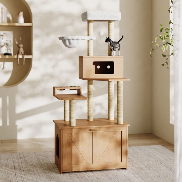Merax 173cm Kratzbaum, Katzenklo-Schrank, moderner Katzenturm für Wohnungskatzen, mit großer Plattform, Futterstation und 1 Hängematte, All-in-one Katzenmöbel, nussbaumfarben