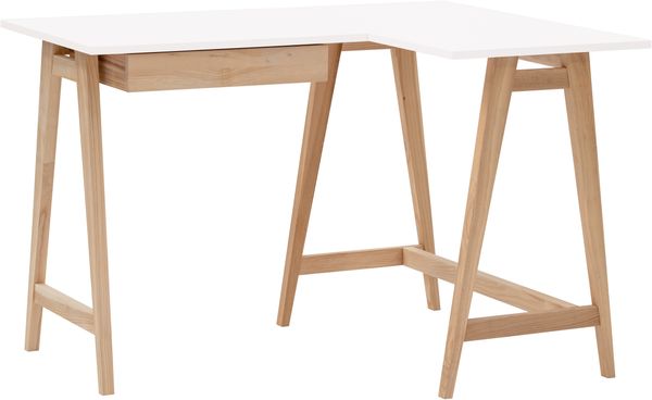 Ragaba Eckschreibtisch mit Schublade und Fußstütze, MDF & Massives Eschenholz, 115x85 cm, Weiß, Rechts
