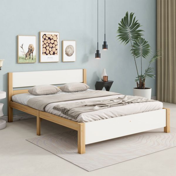 Bett 140x200 cm in Weiß/Natur mit Mittelfuß – zeitloses Kiefernholz-Design
